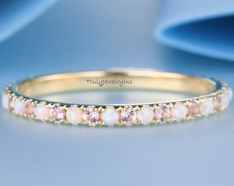 Opal Morganite Eternity Band Ring: Sterling Silver Wedding Stacking Ring
