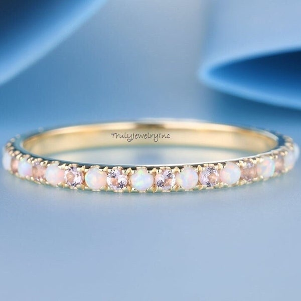 Opal Morganite band eternity Ring, Opal Wedding Band, Stacking Ring,October Birthstone Band, Matching Band, Anniversary Ring, Gift for Her