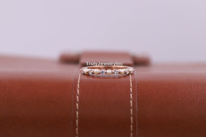 Dainty Pearl Diamond Wedding Band Women Rose Gold Pearl Matching Band Pearl Ring Half Eternity Stacking Minimalist Delicate Dainty BridalRin image 2