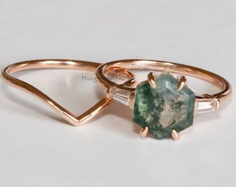 Set di anelli di fidanzamento esagonali in agata muschiata: anello anniversario Art Déco in oro rosa