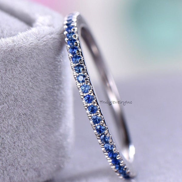 Blue Sapphire Ultra Thin 1.5mm Half Eternity Band, September Birthstone Stacking Band, Wedding Band - Eternity ring - Anniversary Gift Rings