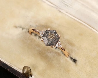 Black Rutilated Quartz Hexagon Ring: Rose Gold Art Deco Promise Ring
