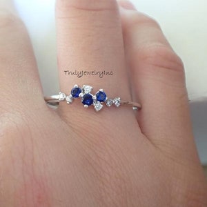 Sapphire Cluster Ring: 925 Sterling Silver, CZ Diamond Dainty Ring