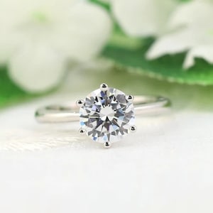 14K Weißgold Solitaire Ring: 6 Prong Runder CZ Verlobungsring