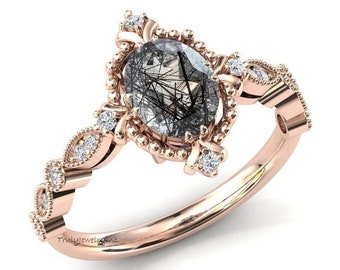 Vintage Black Rutilated Quartz Ring: Art Deco Rose Gold Engagement Ring