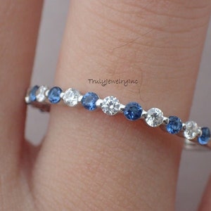 Blue Sapphire Wedding Band: Sterling Silver CZ Half Eternity Ring