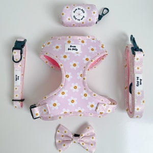 Matching dog / puppy harness, lead, collar and poop bag / treat holder and bow bundle - pink flowers floral