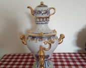 Olympic Collectible Rare Gzhel Decorative Russian Porcelain Gold Samovar topped with Teapot, Made in honor of the 1980 Olympics in Moscow