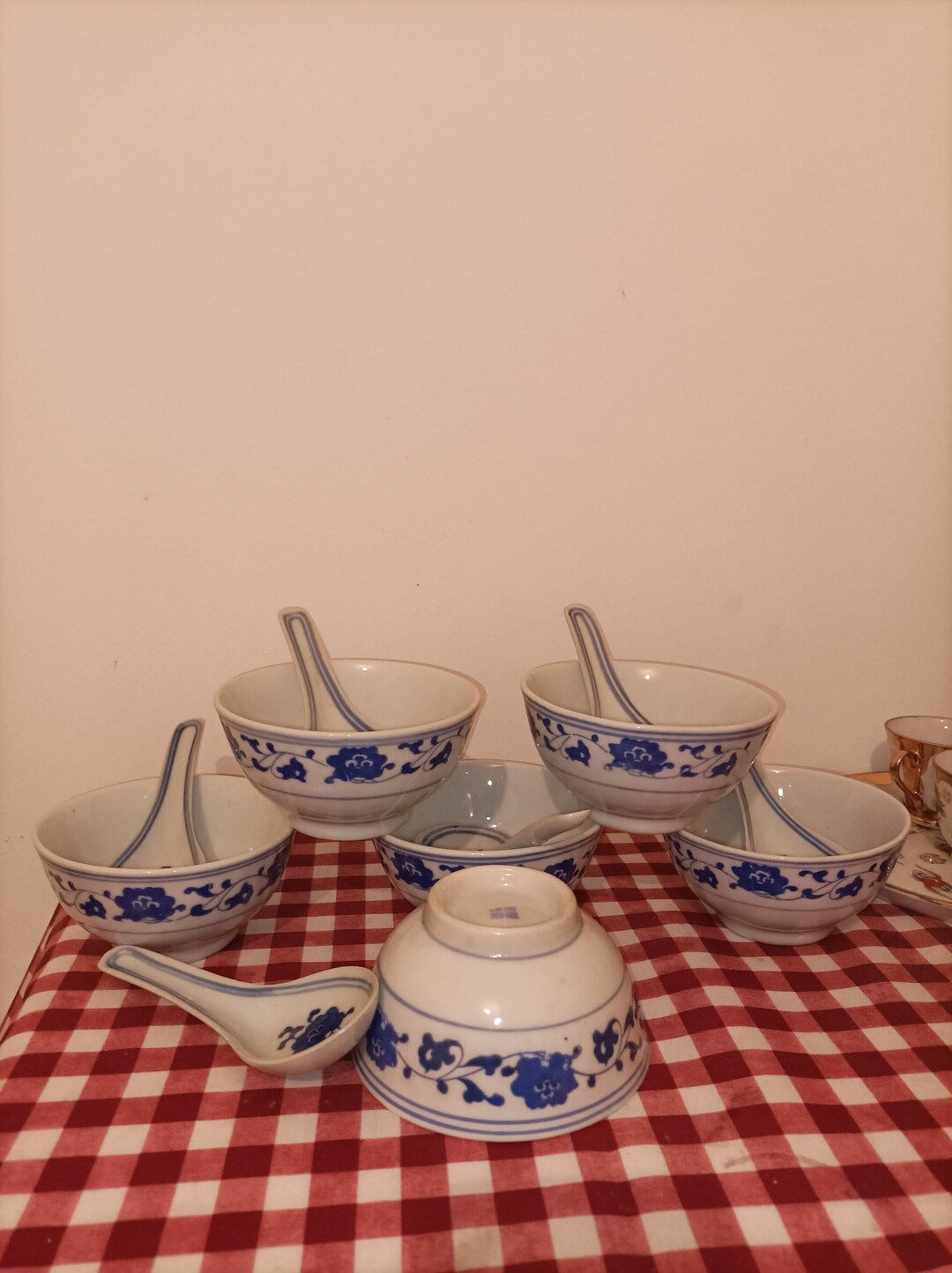 Vintage Chinese Rice Bowls and Spoons in Blue and White With Flowers