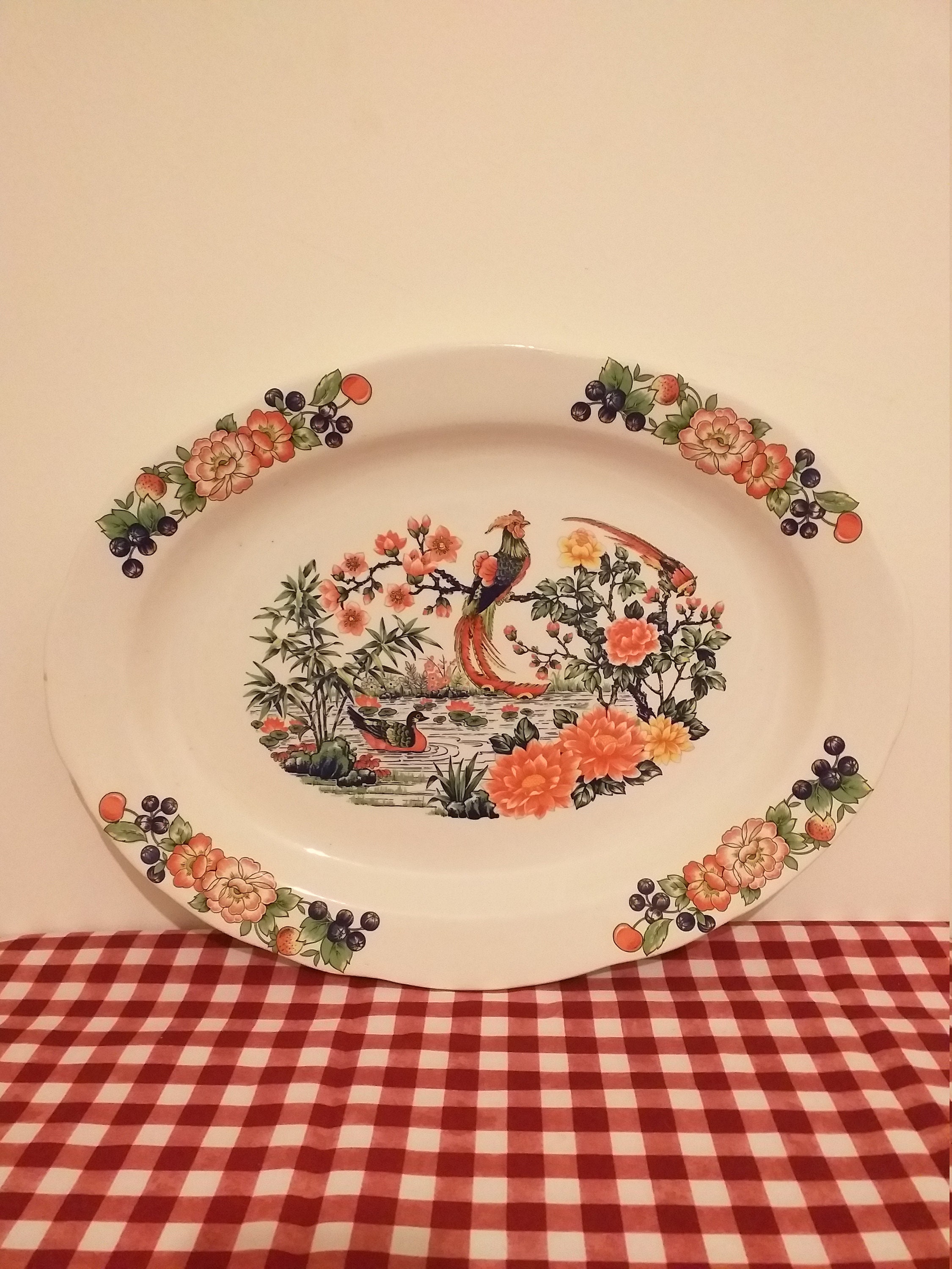 Japanese Style Large Ceramic Plate Beautiful Bird Pattern, Diametr 44.5cmx33.5cm, Large Vintage Frui