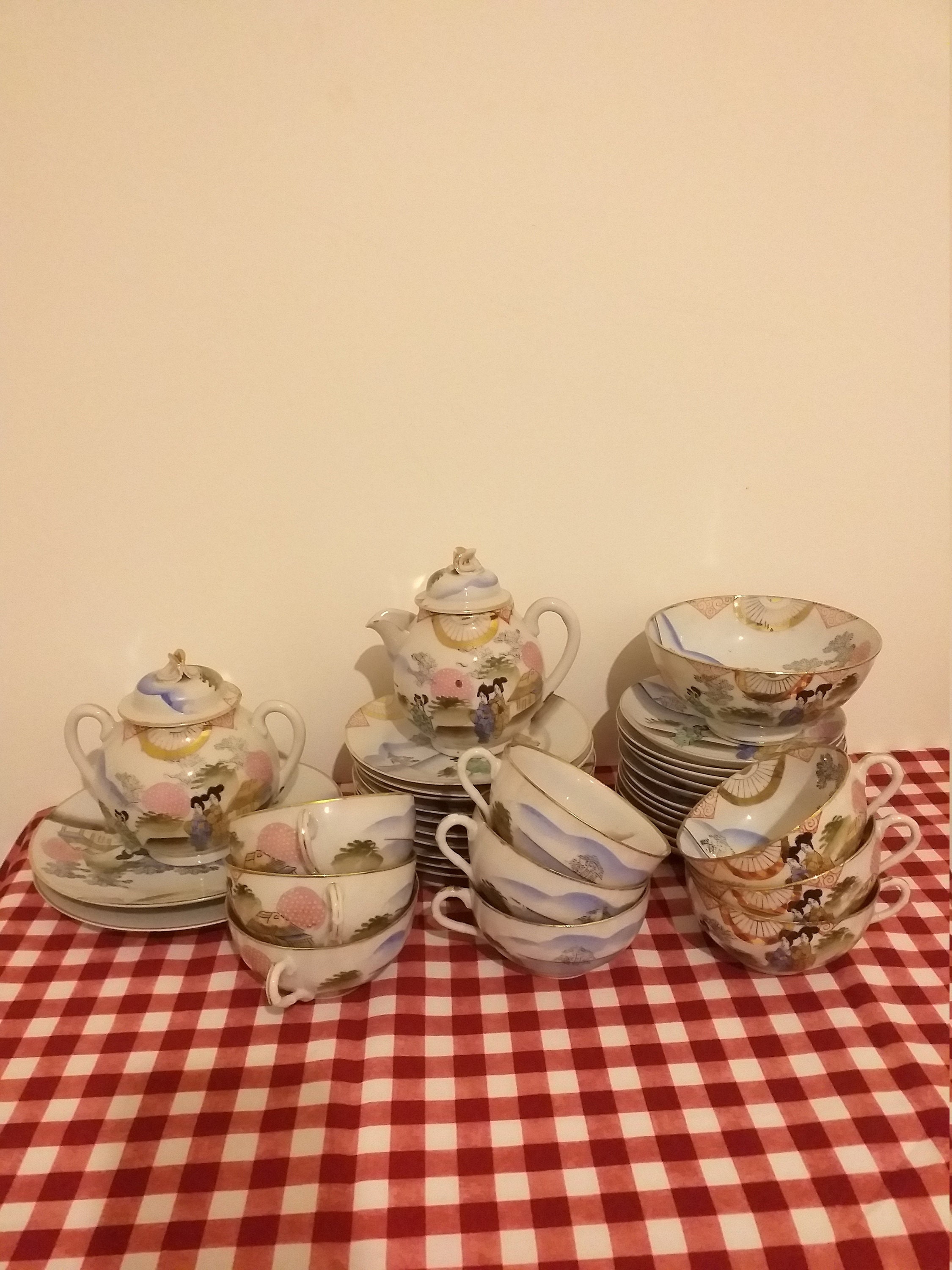 Old Japanese Tea Set, Old Set For 9 People, Vintage Geisha , Antique Eggshell Porcelain Service | Ku