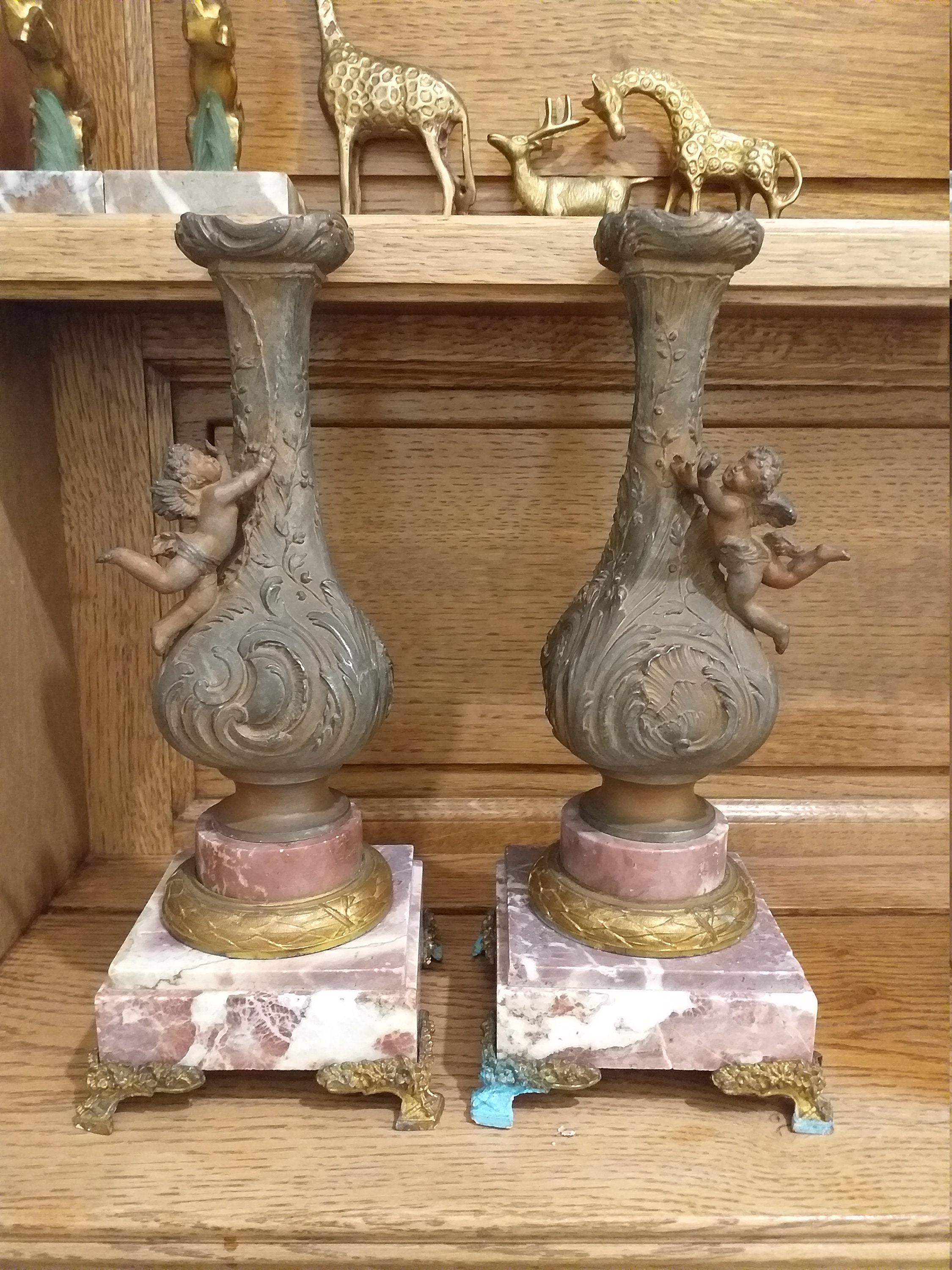 Pair Of Vintage Candlesticks, Old & Rare, Bronze Candlesticks in Marble, With Angels , Bramar, Iron 