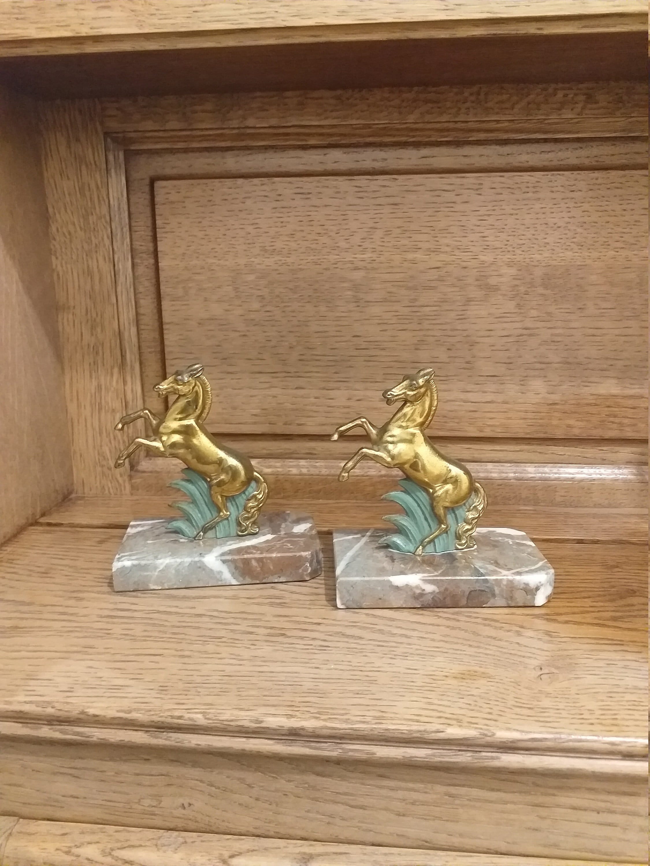 Bronze Horse Book Support/Bronze Bookend Set/Gilded Horses Bronze Brass Marble Book Prop/ Vintage On