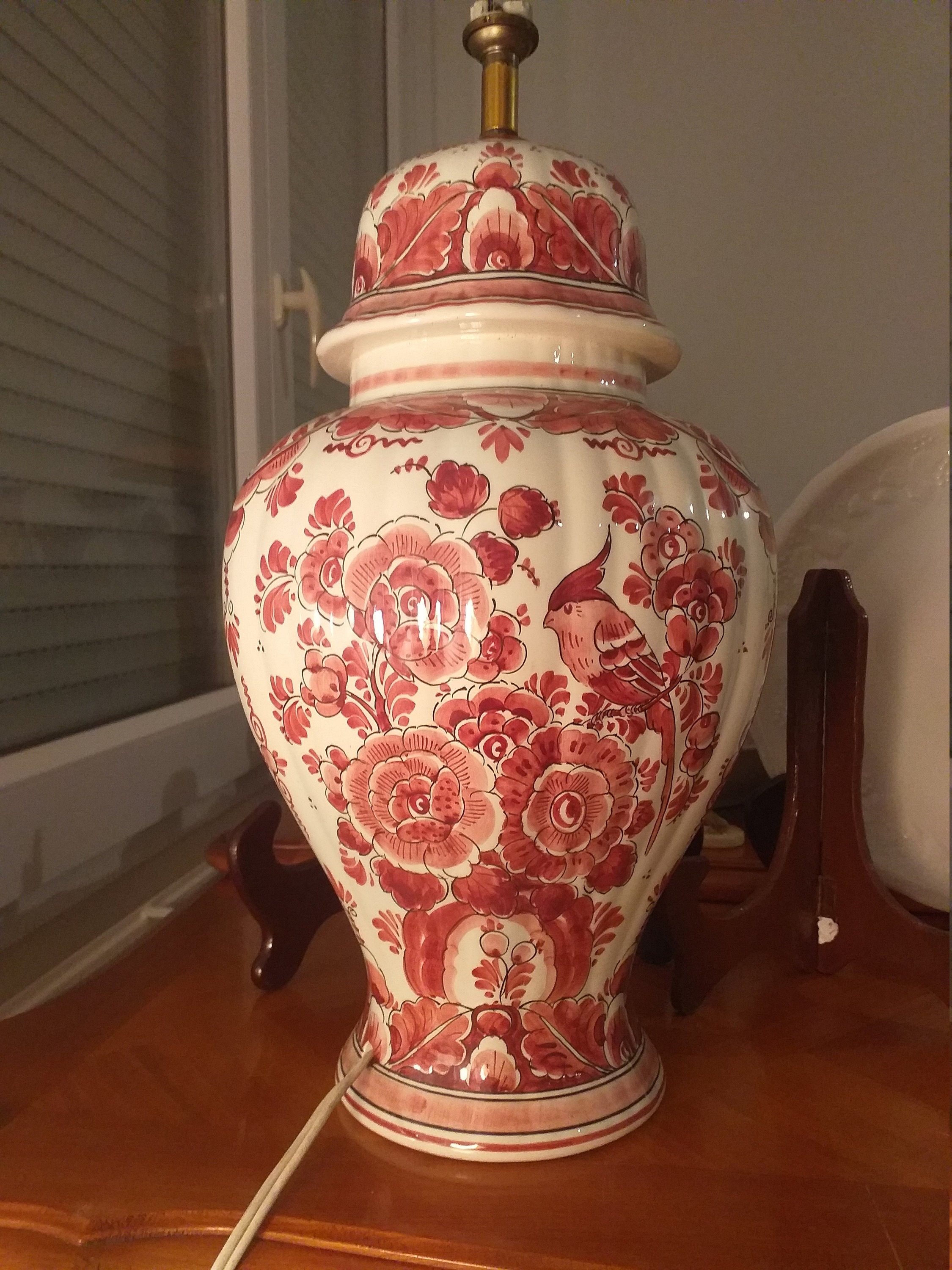 Delft Rood Large Table Lamp/Hand Painted Ceramics/Rood Delft Holland E.e. Hand Painted Big Lamp in R