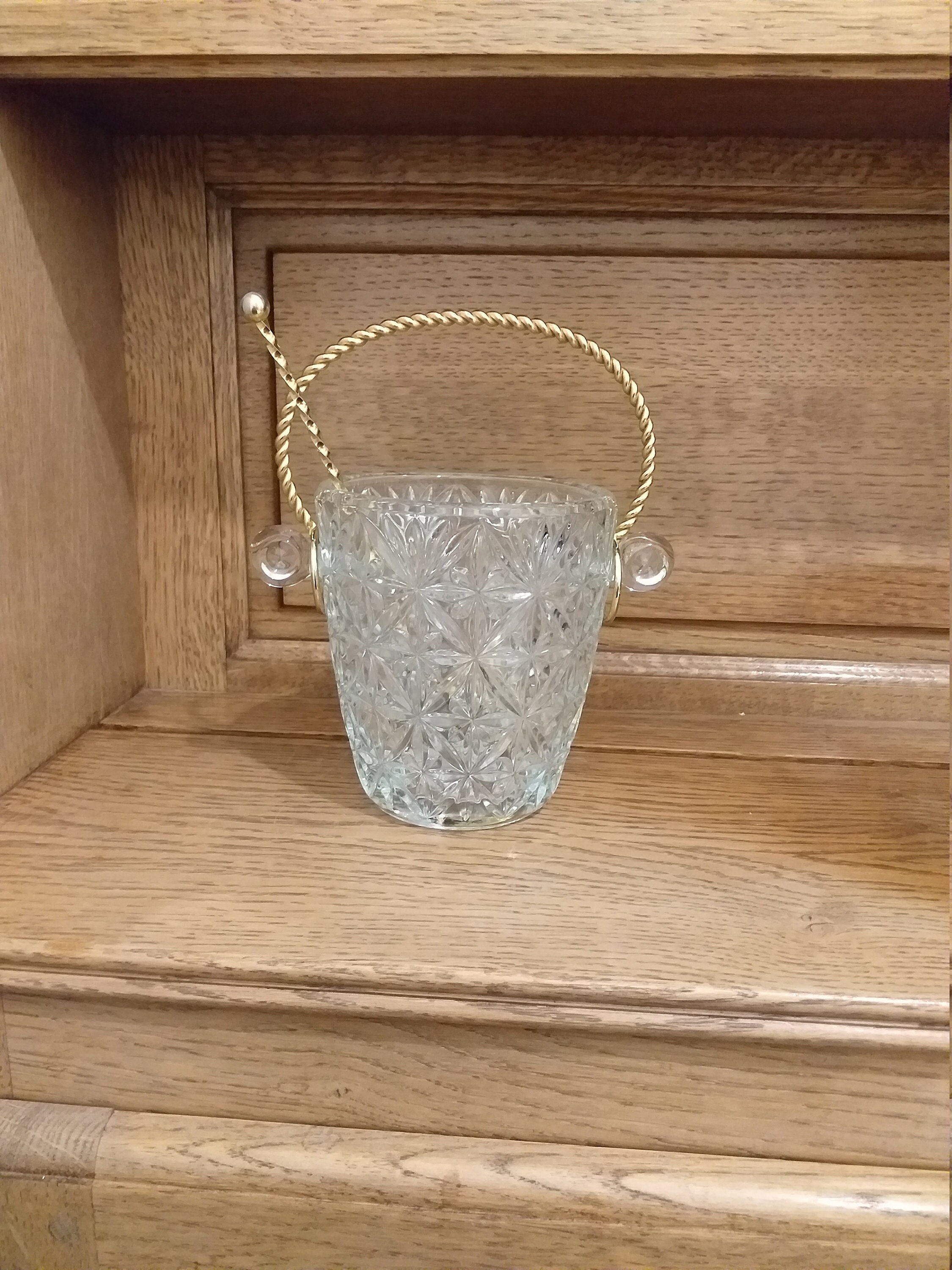 Vintage French Crystal Ice Jar/Crystal Glass Jar With A Shovel/Ice Vintage/Ice Wicker Gold Plated Ha