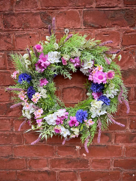 Couronne de fleurs d’été pour porte d’entrée – faite main, cadeau fête des mères, décoration naturelle