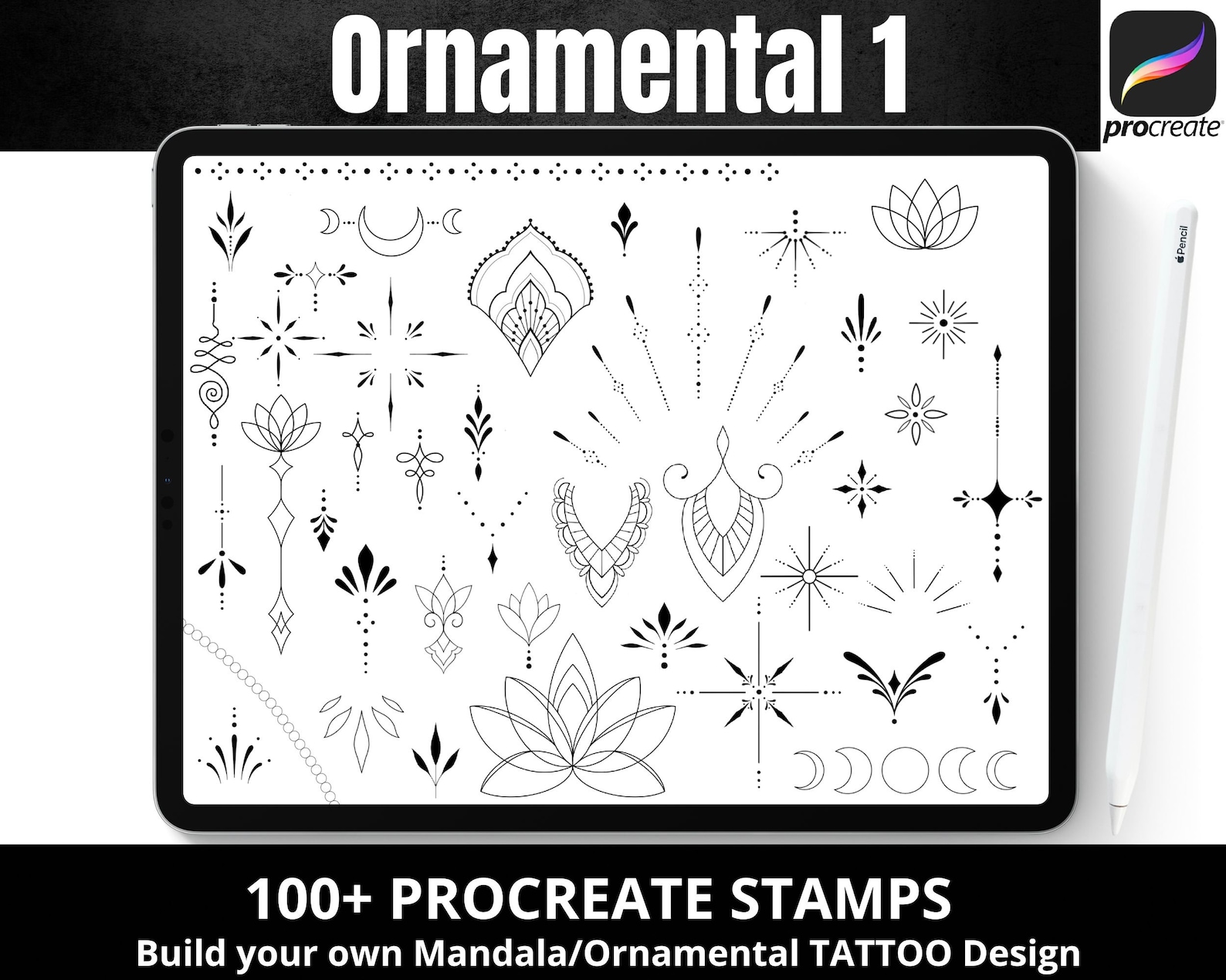 Procreate Ornamental Tattoo Stamp Brushes, 100+ Fine Line Art, Boho ...
