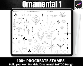 Procreate Ornamental Stamp Brushes, Build your own Mandala, Ornamental Tattoo design, 100 Procreate Stamps, Celestial Boho Feminine Tattoo