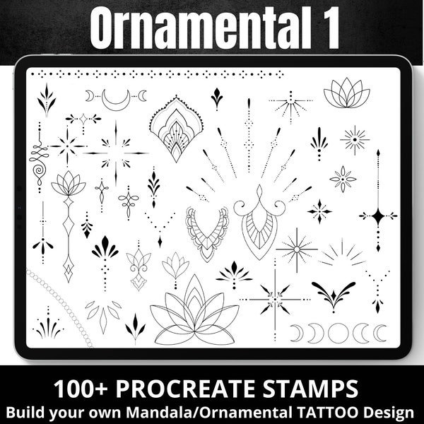 Procreate Ornamental Stamp Brushes, Build your own Mandala, Ornamental Tattoo design, 100 Procreate Stamps, Celestial Boho Feminine Tattoo