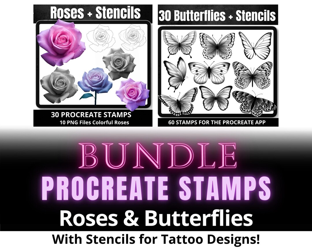 Procreate Stamp Brushes BUNDLE, Realistic Roses & Butterflies Tattoo ...