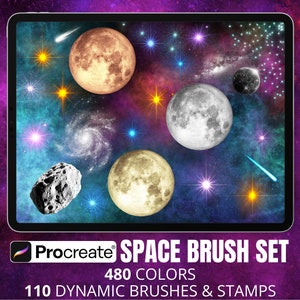 May include: A digital artwork of a space scene featuring planets, stars, and galaxies, displayed on a tablet. The image includes the text "Procreate SPACE BRUSH SET" with details of 480 colours and 110 dynamic brushes & stamps.