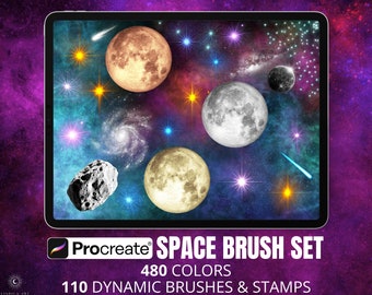 May include: A digital art illustration of a space scene with planets, stars, and galaxies. The image is displayed on a tablet and includes the text "Procreate SPACE BRUSH SET" with details of 480 colors and 110 dynamic brushes & stamps.