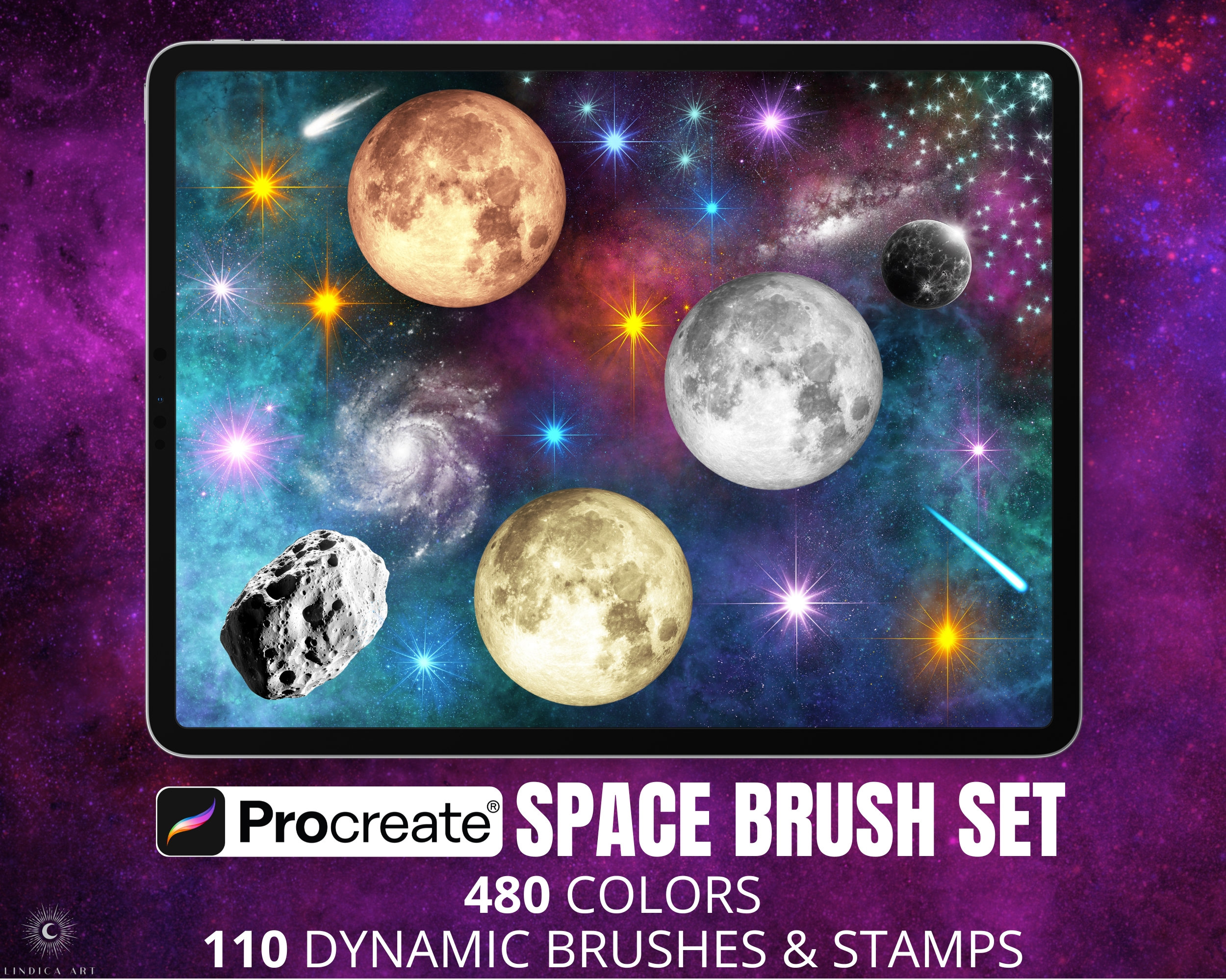 Paquete de Pinceles Procreate Espacio – 110 Pinceles y Sellos Galaxia, Cósmicos y Celestiales con Paletas de Color