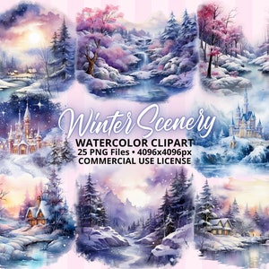 ClipArt Natale Bosco Paesaggio invernale Paesaggio, Arte acquerello pastello, Disegni PNG sublimatici, Download digitale, Pacchetto USO COMMERCIALE