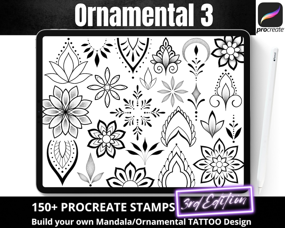 Procreate Ornamental Stamp Brushes Bundle, Fine Line Art Tattoo Design ...