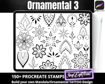 Procreate Ornamental Stamp Brushes Bundle, Fine Line Art Tattoo Design, Mandala Flower, Feminine Minimalist Tattoos (Digital Download)