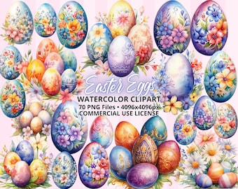 Aquarell Ostereier ClipArt BUNDLE 70 PNG-Dateien, bemalte Blumen Ostereier mit Blumen, Frühling Clipart, Sublimation Designs, kommerziell