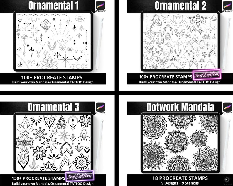 Digital stamp brushes mega bundle of ornamental mandala tattoo designs for the Procreate app