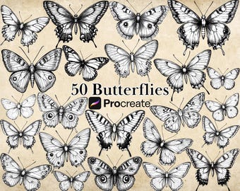 May include: A collection of 50 black and white butterfly illustrations. The butterflies are drawn in a realistic style and are arranged in a random pattern. The text "50 Butterflies" and "Procreate" are visible in the image.