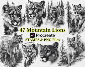 Procreate Animal Stamp Brushes Bundle, Mountain Lion, Cougar, Puma, Realism Tattoo Design Stencil, ClipArt PNG file images