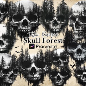 Pode incluir: Uma ilustração digital de uma floresta de crânios sobre um fundo branco. A imagem apresenta vários crânios com árvores crescendo de suas órbitas e bocas. O texto "Tattoo Designs Skull Forest Procreate" está no centro da imagem.