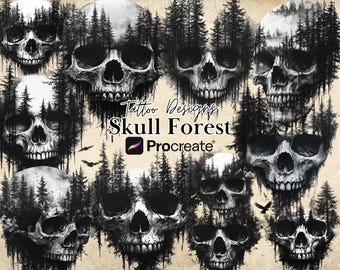 May include: A digital illustration of a skull forest with a white background. The image features multiple skulls with trees growing out of their eye sockets and mouths. The text "Tattoo Designs Skull Forest Procreate" is in the center of the image.