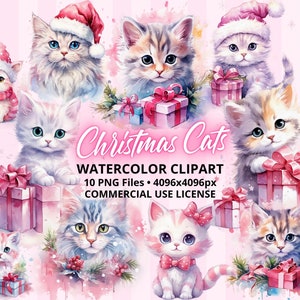 ClipArt Pink Christmas Cute Cats & Kittens, 10 PNG Files, Pastel Watercolor art, Sublimation Design, Digital Download, Bundle COMMERCIAL USE