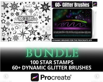 Puede incluir: Un paquete de arte digital para Procreate con 100 sellos de estrellas y más de 60 pinceles de purpurina dinámicos. La imagen muestra una colección de sellos de estrellas en blanco y negro y la pantalla de una tableta digital que muestra un trazo de pincel de purpurina arcoíris.