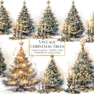 Pacchetto ClipArt di alberi di Natale dorati vintage, acquerello pastello 11 file PNG, design di sublimazione natalizia, download digitale, USO COMMERCIALE gratuito