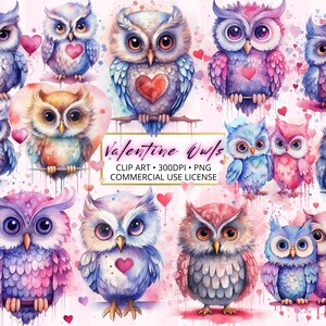 Bundle rose de la Saint-Valentin hiboux mignons clip, 20 fichiers PNG, aquarelle pastel, motifs par sublimation, téléchargement immédiat, usage commercial