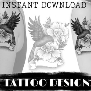 Tattoo Design Bird with Flowers, banner custom name tattoo, Printable Stencil Tattoo Flash, Instant Download Artwork, Tattoo Template