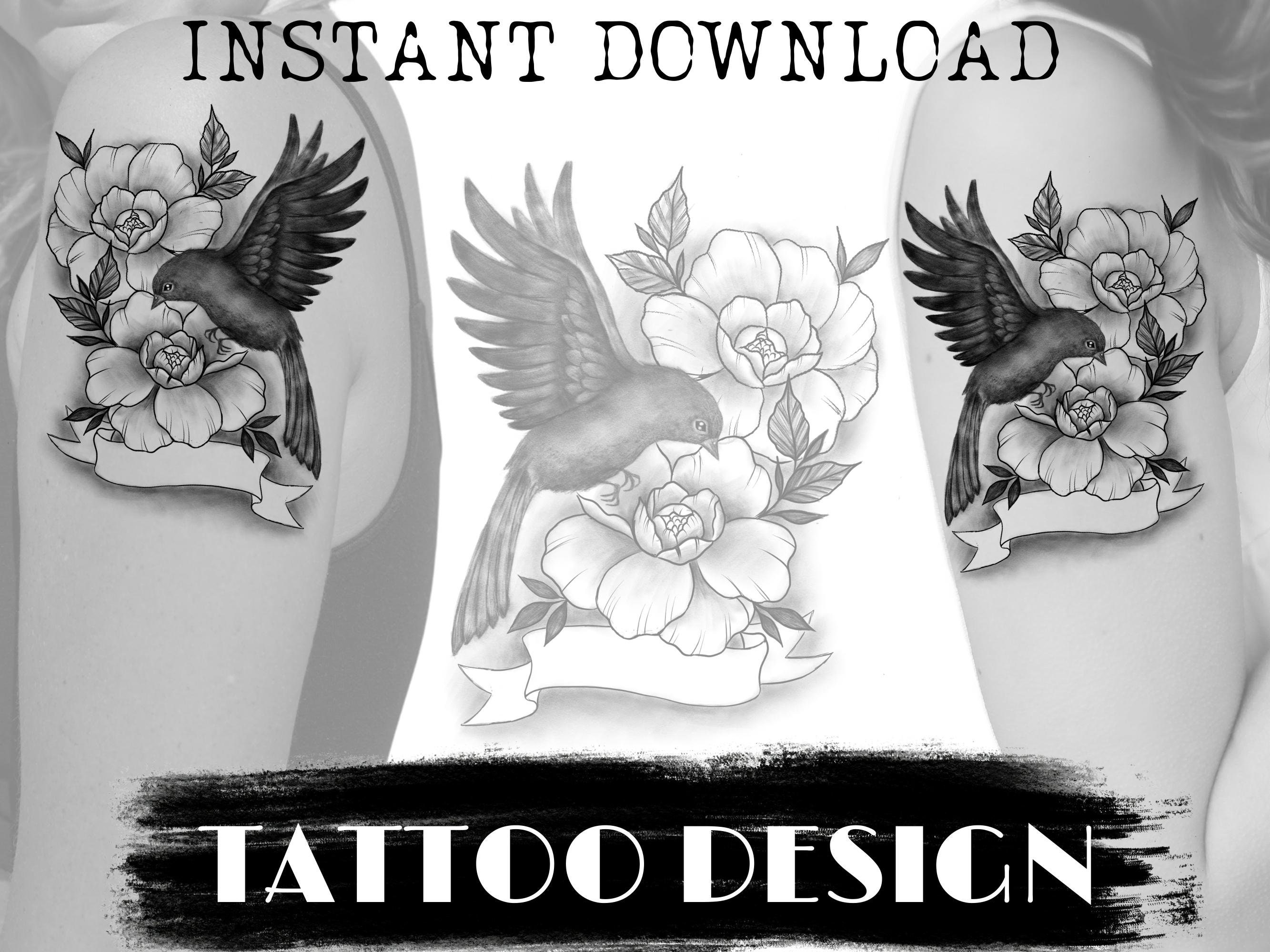 Tattoo Design Bird With Flowers Banner Custom Name Tattoo - Etsy Australia Tattoo Design Bird With Flowers Banner Custom Name Tattoo - Etsy Australia