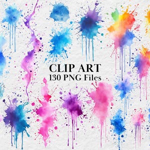Paquete de imágenes prediseñadas con salpicaduras de acuarela, 130 imágenes PNG coloridas, arte de tatuajes, diseños de sublimación, descarga digital instantánea, licencia de uso comercial