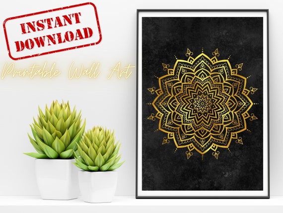 Printable Wall Art Gold Mandala, Boho Poster, Ornamental Art