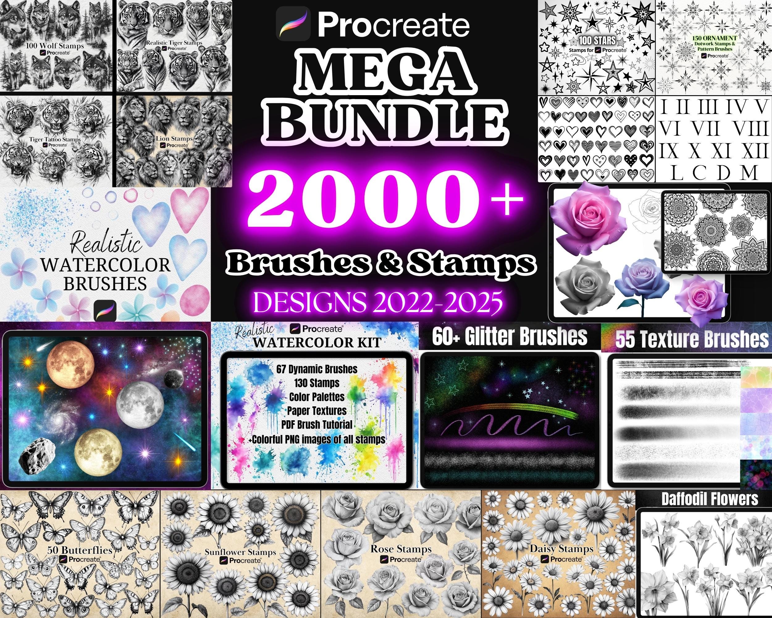 Procreate MEGA BUNDLE, Realistic Animals, Flowers, Skulls, Ornamental, Mandala Tattoo Stencil Design, Watercolor, Lettering, Stipple Brushes