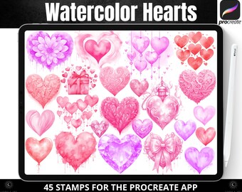 Procreate Stempel Aquarell Valentine Herzen Bundle, digitale Herzformen Stempel, Procreate Aquarell, kostenlose kommerzielle Nutzungslizenz enthalten