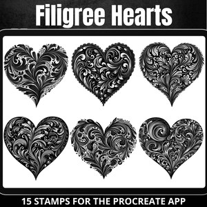 May include: Six black and white heart-shaped stamps with intricate filigree designs. The stamps are for use with the Procreate app. The text "15 STAMPS FOR THE PROCREATE APP" is at the bottom of the image.