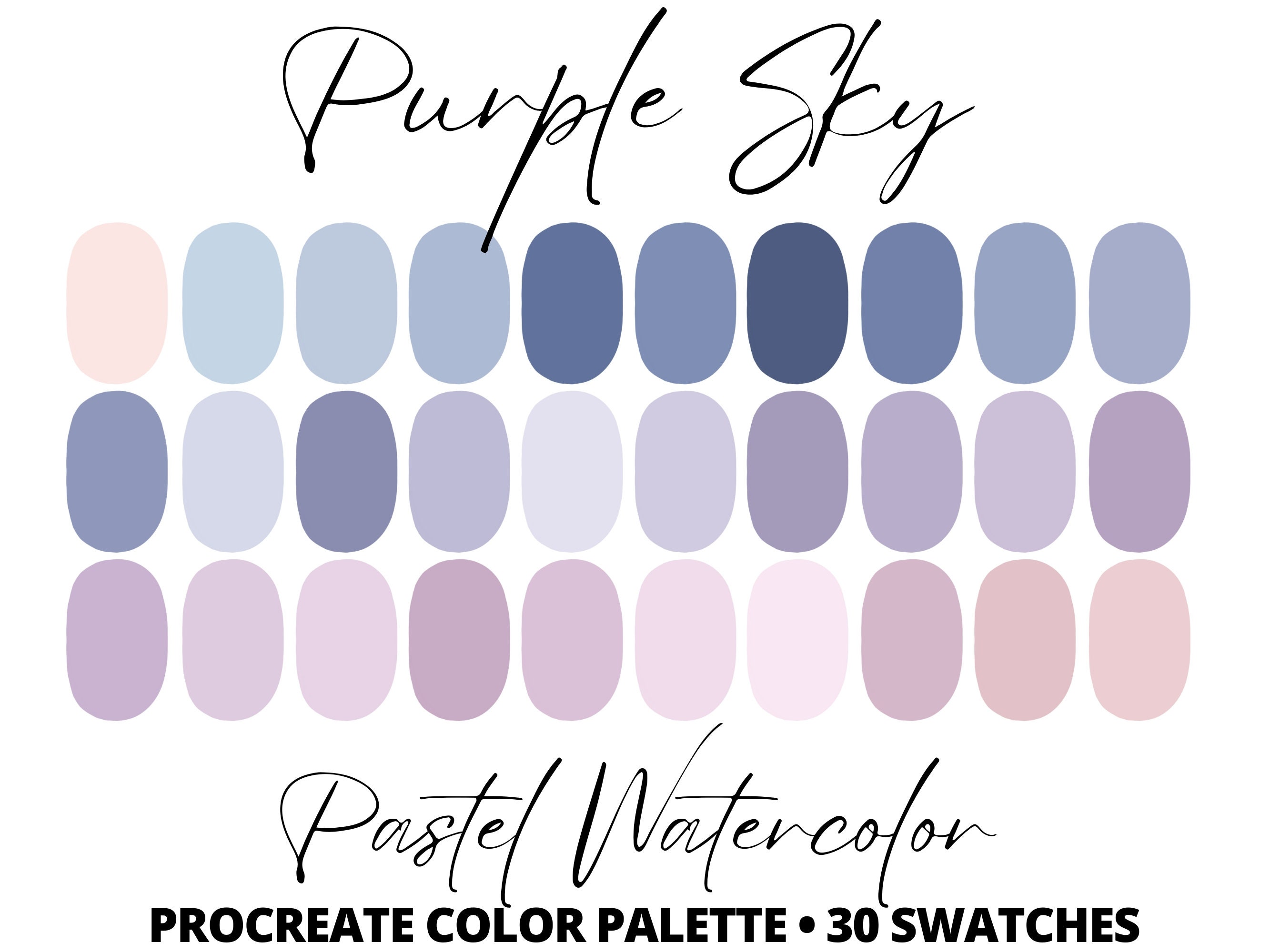 Paleta de colores pastel morados para Procreate – 30 muestras suaves de lavanda y lila seleccionadas