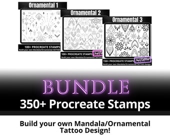 Procreate Ornamental Stamp Set BUNDLE, Digital Brushes, Tattoo Ornaments, Mandala flowers, Celestial Boho Feminine Line Art Tattoo Designs