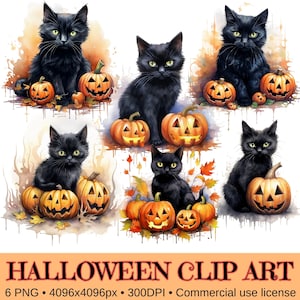 ClipArt Halloween Cats & Pumpkins, 6 PNG Files, Pastel Watercolor art, Sublimation Design, Instant Digital Download, Bundle COMMERCIAL USE